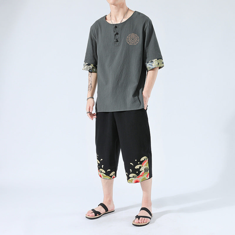 Zen Yukata Summer Wear – Embroidered Linen T-Shirt & Trousers Set