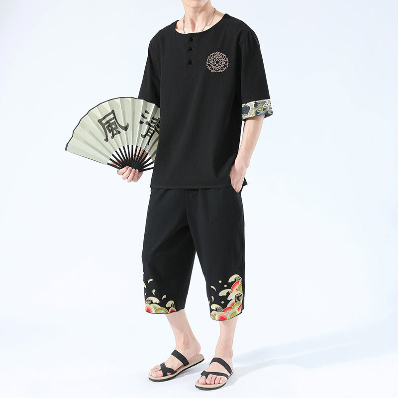 Zen Yukata Summer Wear – Embroidered Linen T-Shirt & Trousers Set