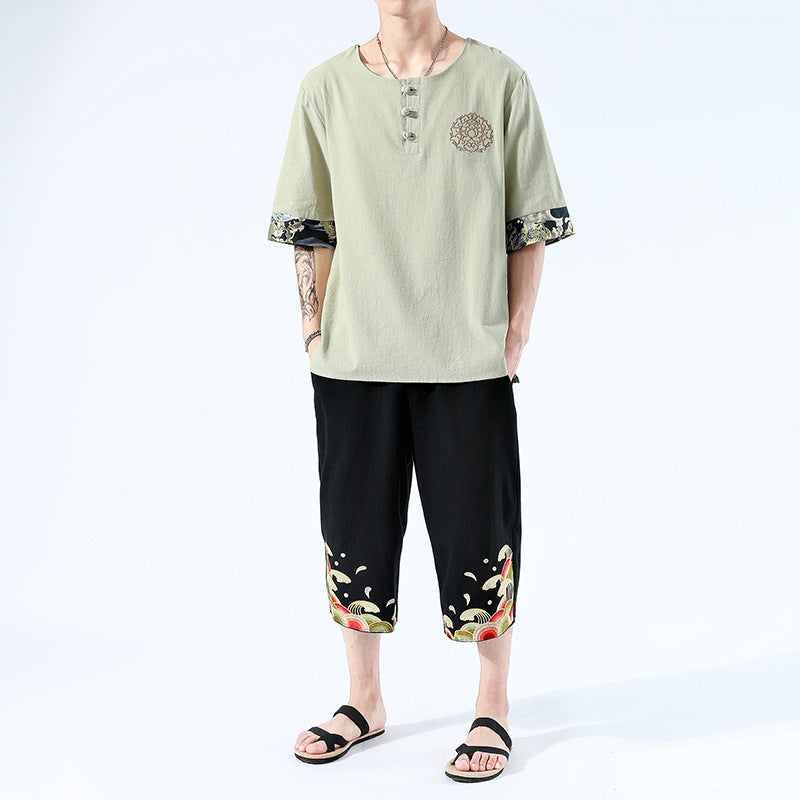 Zen Yukata Summer Wear – Embroidered Linen T-Shirt & Trousers Set