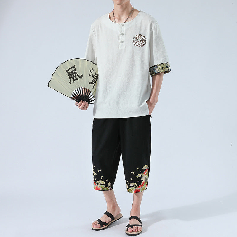 Zen Yukata Summer Wear – Embroidered Linen T-Shirt & Trousers Set
