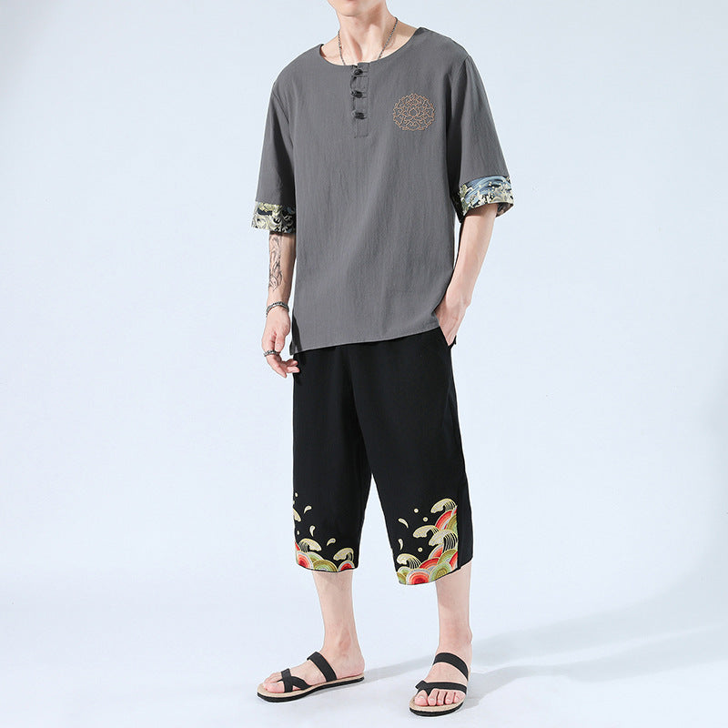 Zen Yukata Summer Wear – Embroidered Linen T-Shirt & Trousers Set
