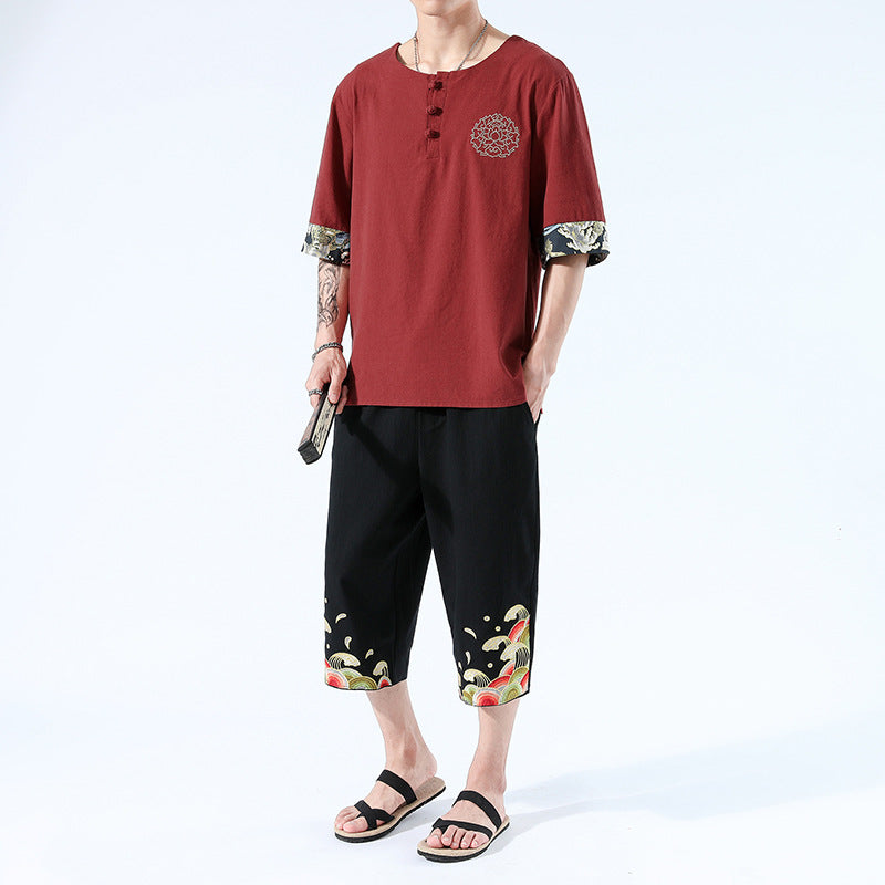 Zen Yukata Summer Wear – Embroidered Linen T-Shirt & Trousers Set